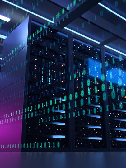Data centre with rows of computer servers