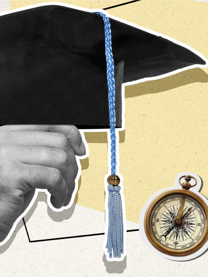 Mixed media image showing a hand holding a graduation cap, a stack of books, and other graphic elements