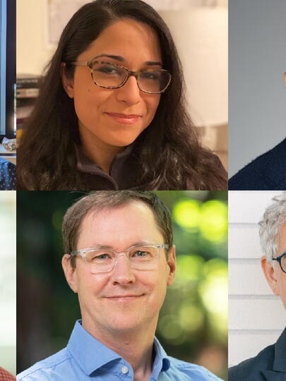 Headshots of the six experts, with a white capital letter Q juxtaposed on top