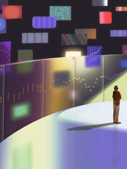 An illustration of a person standing gated in by screens and abstract patterns and colourful barcodes.