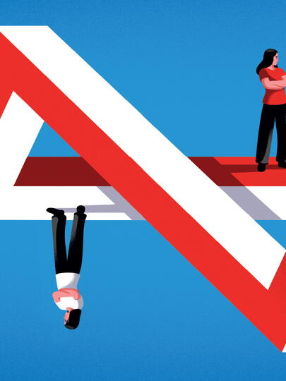 An illustration of two people standing on opposite sides of a rectangular infinity loop