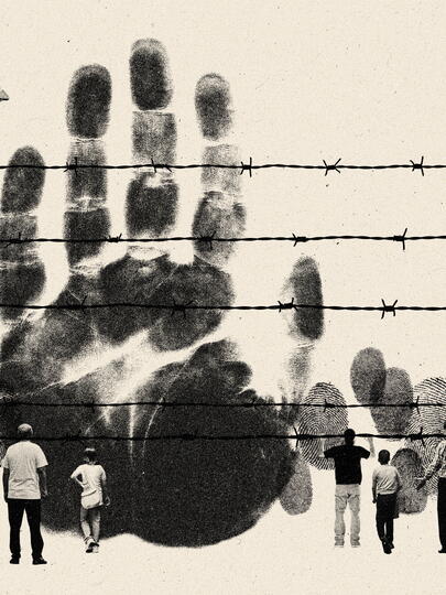 An illustration of people standing before a barbed wire wall, behind which are finger prints and a giant hand print.