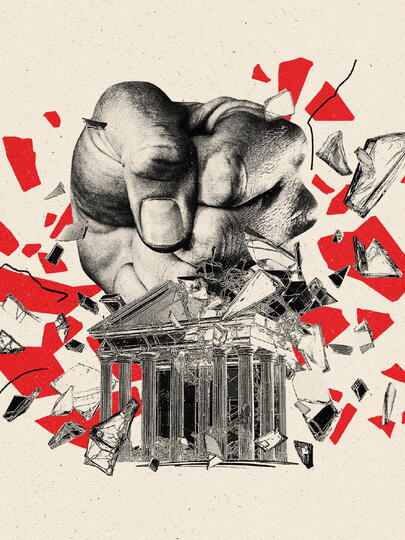 An illustration of a fist shattering the USA Supreme Court Building.
