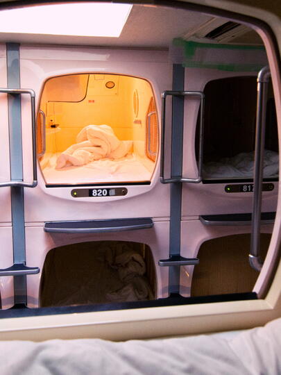 View of sleeping pod at Japanese capsule hotel