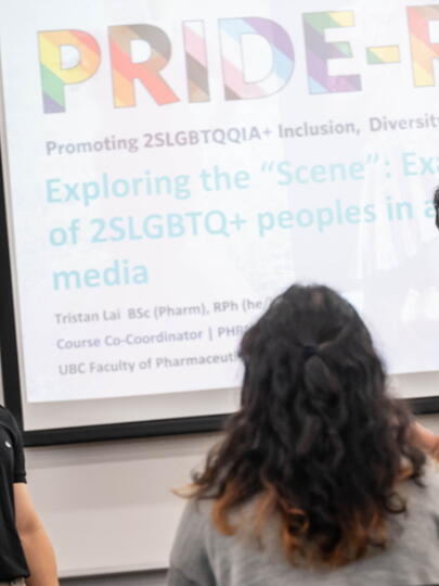 Tristan Lai, Alex Tang, and Lillian Chen chat in front of a slideshow at a PRIDE-RX presentation