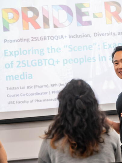 Tristan Lai, Alex Tang, and Lillian Chen chat in front of a slideshow at a PRIDE-RX presentation