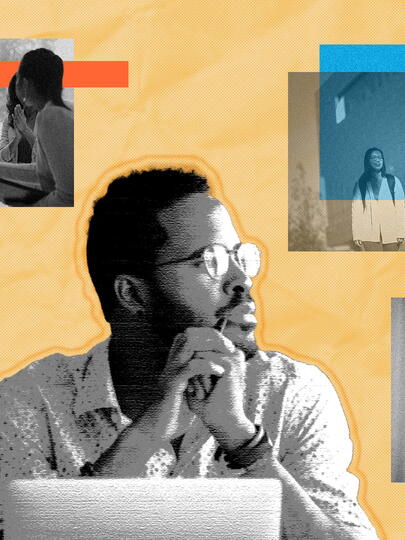 Mixed-media image collage showing black and white photos of young people in career-related settings with colourful graphic elements