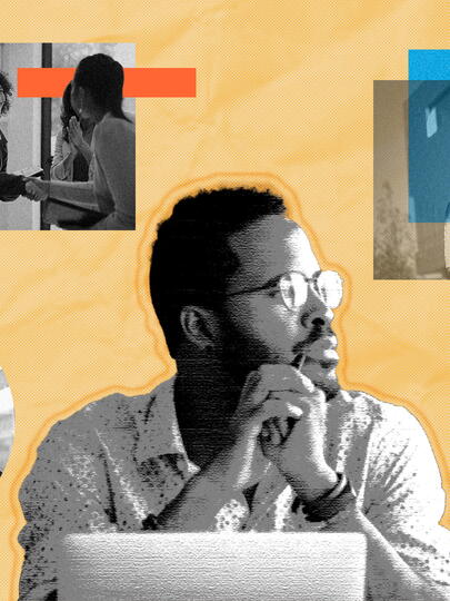 Mixed-media image collage showing black and white photos of young people in career-related settings with colourful graphic elements