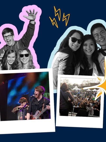 Polaroids of various UBC shows and concerts with cut-outs of students in the top half of image