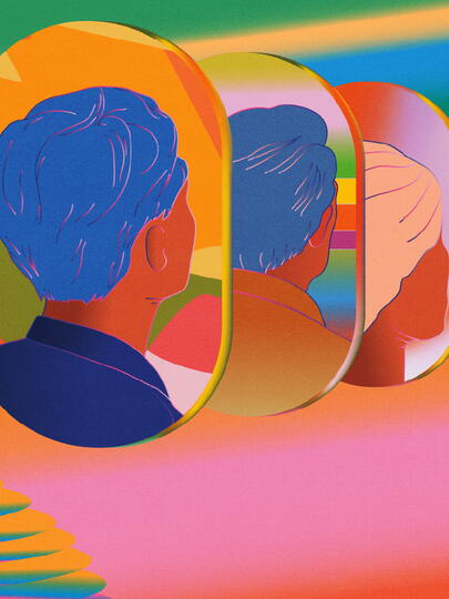 Illustration of two young people watching their older selves.