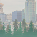 Illustration of downtown Vancouver with trees in the foreground