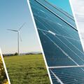 Collage of four images: a field of canola, a wind turbine, solar panels, and a cell tower